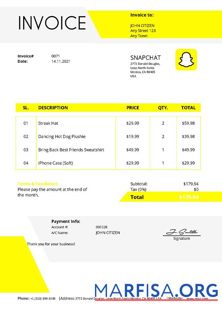 Downloadable USA Snapchat invoice example